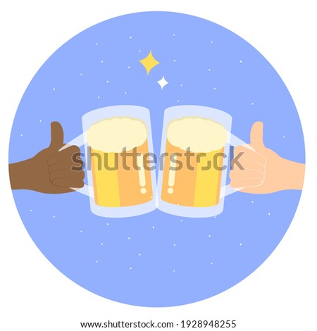 Icon holding beer party. Vector illustration. Two person of different ethnicities clink glasses, cheers. Meeting friends. Romantic date of partners. 