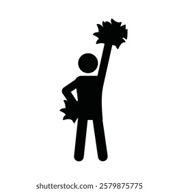 The icon holding a pom pom depicts a cheerleader and can be used as a symbol of support or promotion of a sporting event.