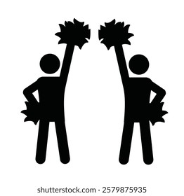 The icon holding a pom pom depicts a cheerleader and can be used as a symbol of support or promotion of a sporting event.