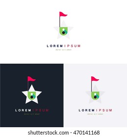 Icon of hole marked with red pennant on golf course. Vector illustration