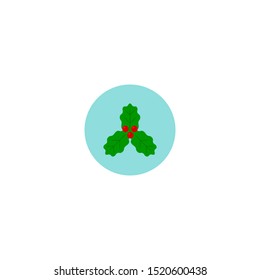 Icon holly on blue background, sticker. Vector illustration, flat design, geometric style. Element for Christmas banners, posters, leaflets, invitations, greeting cards or for web design.