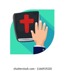 Icon Holy Bible and hand. Book Bible of blue Flat style vector