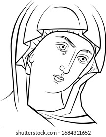 Icon of the Holy Mother Mary of Jesus Christ. Black and white vector illustration