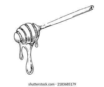 Icon for Honey Spoon. Sketch of wooden Stich with syrup drip. Hand drawn etching. Vector illustration in doodle style