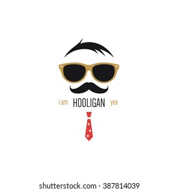 Icon of hooligan with sunglasses, mustache and red tie