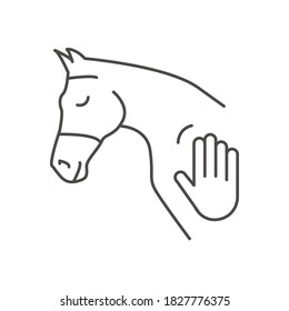 Icon of horse head and human hand touch. Concept for hippotherapy, horse therapy or healing. Physiotherapy for horses. Natural horsemanship. Equine Acupuncture. Vector illustration isolated on white.