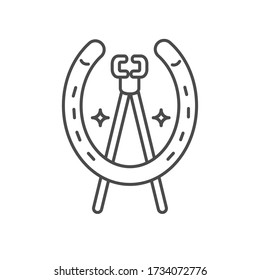 An icon of horseshoe and farrier nail pulling tool with stars. Logo, icon for farrier business. Equestrian sport. Flat vector outline line icon.    