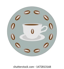 Icon of a hot Cup of coffee in a circle of coffee beans