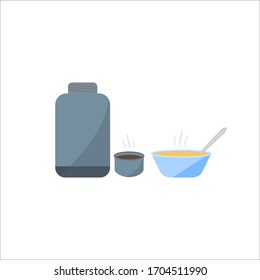 Icon of hot food. Thermos with tea, bowl of soup, spoon. Flat style. Winter warming means. Vector illustration. Tableware. Tourist lunch. Healthcare.