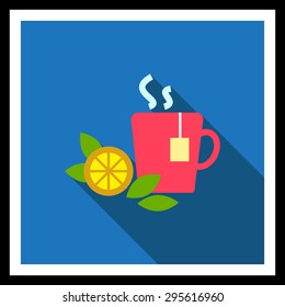 Icon of hot tea cup with tea bag, lemon slice and mint leaves