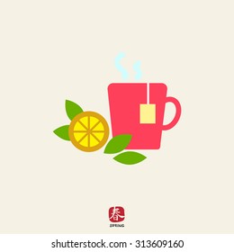 Icon of hot tea cup with tea bag, lemon slice and mint leaves