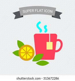 Icon of hot tea cup with tea bag, lemon slice and mint leaves