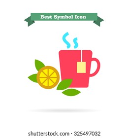 Icon of hot tea cup with tea bag, lemon slice and mint leaves