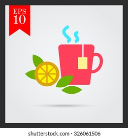 Icon of hot tea cup with tea bag, lemon slice and mint leaves