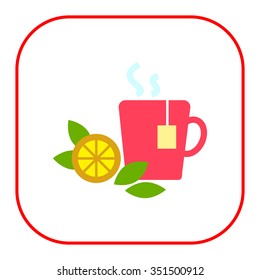 Icon of hot tea cup with tea bag, lemon slice and mint leaves