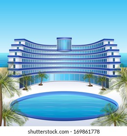 icon hotel with blue balconies, sea, sun, palm trees