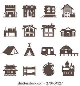 icon hotel, house, camping. accommodation options. 
