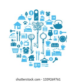 Icon hotel set. Vector illustrations with vacation and travel simbols. Round composition.