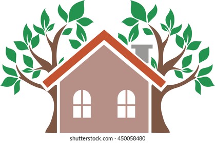Icon house, behind which trees grow. Flat house.