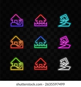 Casa de iconos inundada. Casa en llamas. estilo neón. casa colapsando, cayendo.