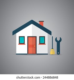 Icon of house with broom and spanner in vector