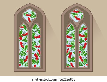 icon house. Couple of windows and a tree with leaves and red berries against the blue sky