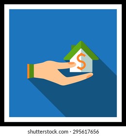 Icon of house with dollar sign on human palm
