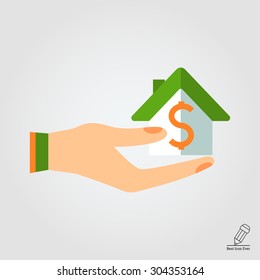 Icon of house with dollar sign on human palm