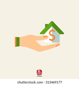 Icon of house with dollar sign on human palm