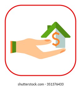Icon of house with dollar sign on human palm