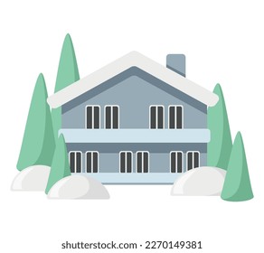 Symbol des Hauses im Wald. Symbol. Flaches Design. Einfach. Blau. Gebäude. Schnee. Grüne Fichte. Einzeln auf Weiß. Vektorgrafik. Postkarte. Schön. Cartoon.