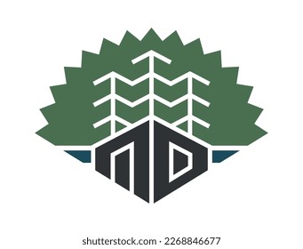 Icon house in the forest. Illustration of a house in nature. Symbol of rest or relaxation, ready-made logo.