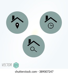 Icon of house  the magnifying glass, map pointer, clock. VECTOR illustration.
