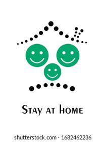 The icon of the house painted dots. A call to stay at home so as not to infect others. Vector image with three smiling emoticons. Covid 19. Coronavirus.