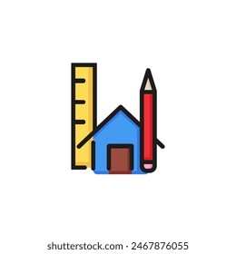 Icono de casa, pluma y Regla. Proyecto, edificio, oficina de arquitectura. Diseño de concepto de hogar. Se puede utilizar para temas como arquitectura, ingeniería, construcción