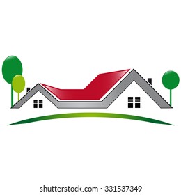 Icon house with red roofs and trees
