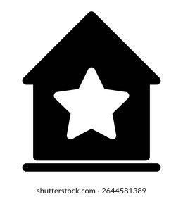 ícone de uma casa com um símbolo de estrela no interior, representando o lugar favorito, a propriedade premium, a casa de melhor classificação ou uma acomodação especial em um estilo preto e branco minimalista.