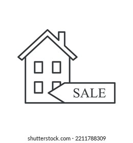 The icon of the house that is for rent. A simple linear image of a two-storey house with a sign for rent. Vector on a white background.