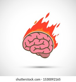 Icon human brain burns in flame. Concept logo migraine or stress. Vector flat graphics illustration