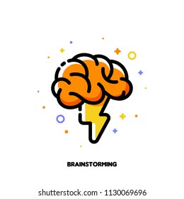 Icon With Human Brain And Lightning For Brainstorming Techniques To Generate Creative Ideas. Flat Filled Outline Style. Pixel Perfect 64x64. Editable Stroke