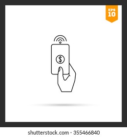 Icon of human hand holding proximity card with dollar sign