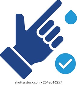 Icon of a human hand with the index finger being pricked to extract a drop of blood for analysis, accompanied by a verification sign or blood in normal condition