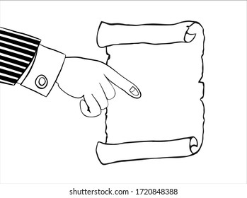 Icon of human hand indicates to empty parchment, scroll. Pointing finger. Blank sheet white paper with space for your text. Isolated on white background. Vector illustration in flat design.