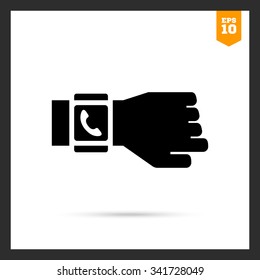 Icon of human hand wearing smartwatch with screen displaying handset icon