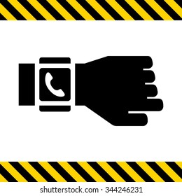Icon of human hand wearing smartwatch with screen displaying handset icon