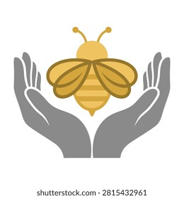 Icon of human hands gently holding a bee to represent nature conservation, ecological balance, and environmental protection awareness.