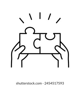 Icon of human hands putting puzzle pieces together. Teamwork, partnership success concept. Editable stroke. Isolated vector illustration