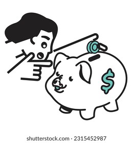 icon of human head and hand with index finger pointing to piggy bank while putting coins.