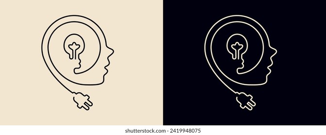 Symbol eines menschlichen Kopfes mit einer Glühbirne drinnen. Lineares grafisches Symbol, Konzept des menschlichen Geistes, Bildung, Kreativität, Idee. Element Line Art Design. Vektorgrafik.