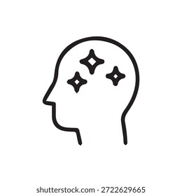 Un icono de una cabeza humana de perfil con tres estrellas brillantes en el interior que representan ideas brillantes, creatividad, inteligencia y pensamiento perspicaz.